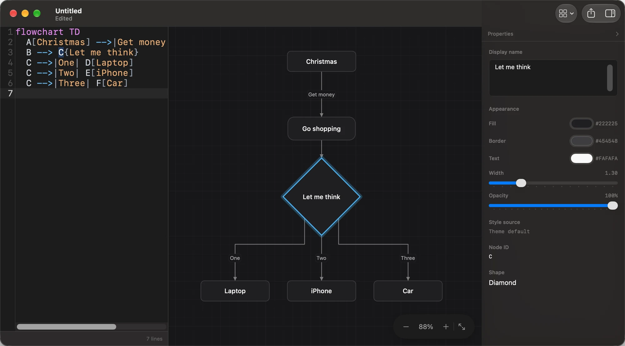 The Mernyx window with a Mermaid flowchart open. The source editor on the left shows seven syntax-highlighted lines with the C node highlighted; the canvas in the middle shows the rendered diagram with the 'Let me think' diamond selected; and the properties inspector on the right shows that same node's display name, fill, border, text colour, width, opacity and shape.